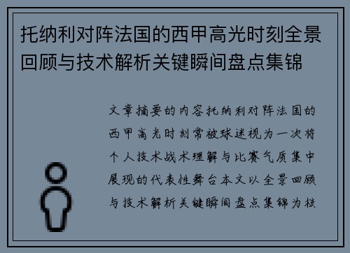 托纳利对阵法国的西甲高光时刻全景回顾与技术解析关键瞬间盘点集锦